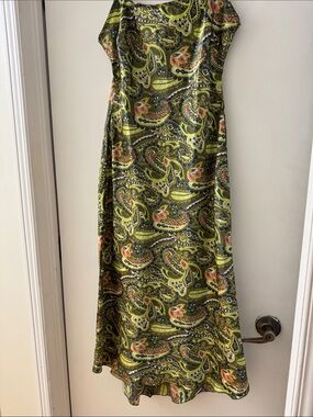 Satin Paisley Maxi Dress in Olive Green